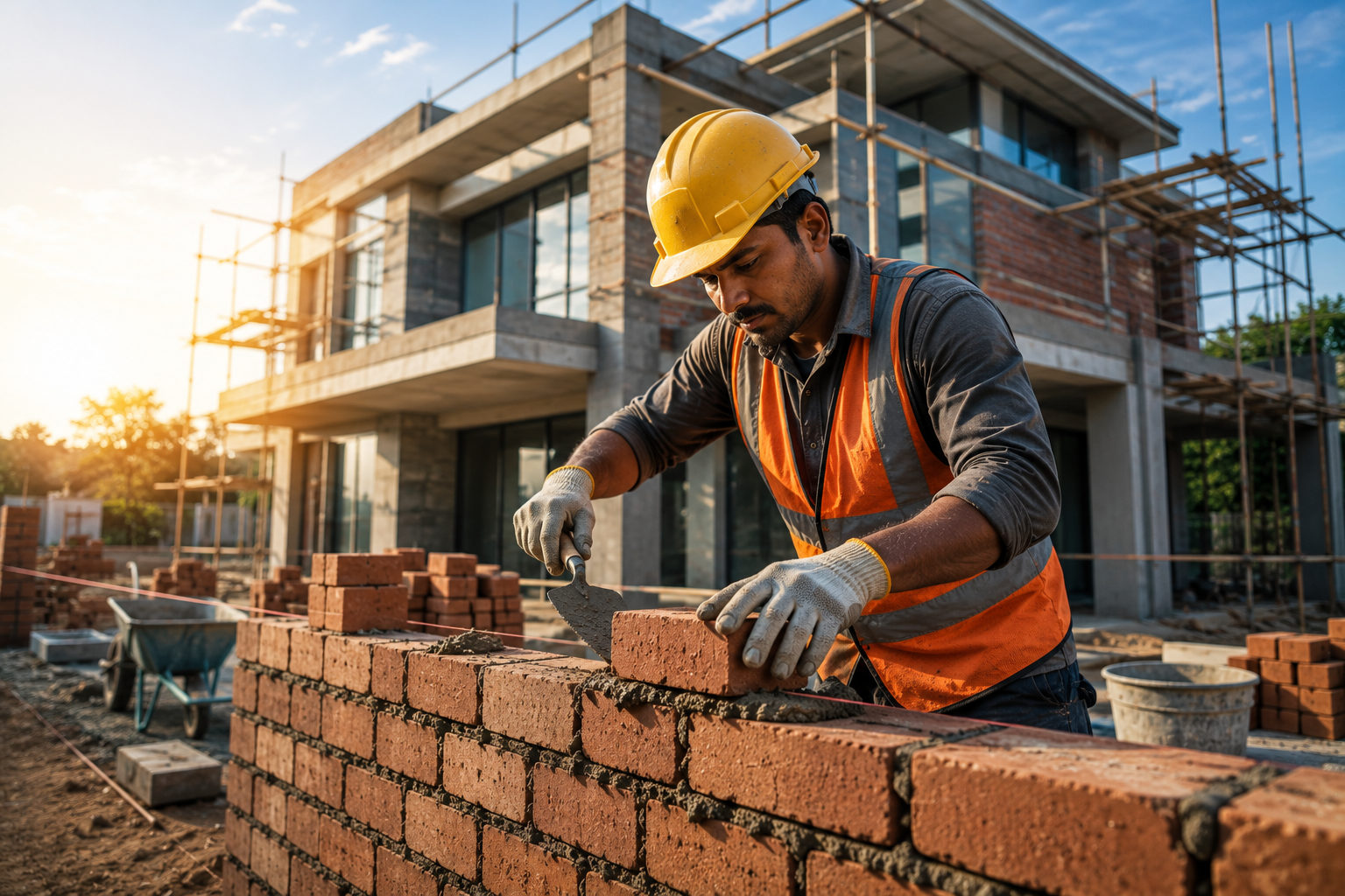 Mason laying bricks on a construction site